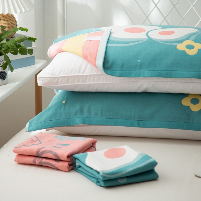 91家纺网 家纺一手货源 找家纺 朴尔家纺-毛巾被 2025新款卡通AB组合全棉纯棉层纱布枕巾 可爱牛油果-绿 52x78cm/对