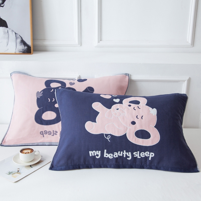 朴尔家纺-毛巾被 2025新款卡通AB组合全棉纯棉层纱布枕巾 可爱小象粉 52x78cm/对