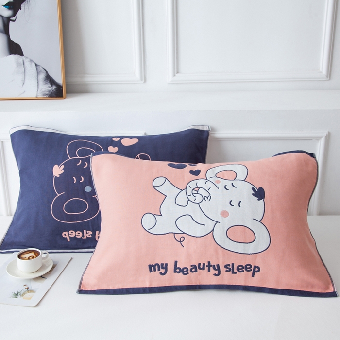 朴尔家纺-毛巾被 2025新款卡通AB组合全棉纯棉层纱布枕巾 可爱小象橘 52x78cm/对