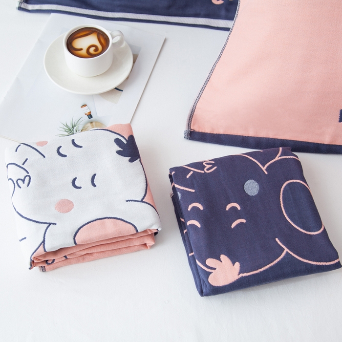 91家纺网 家纺一手货源 找家纺 朴尔家纺-毛巾被 2025新款卡通AB组合全棉纯棉层纱布枕巾 可爱小象橘 52x78cm/对