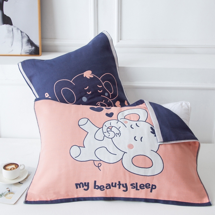 91家纺网 家纺一手货源 找家纺 朴尔家纺-毛巾被 2025新款卡通AB组合全棉纯棉层纱布枕巾 可爱小象橘 52x78cm/对