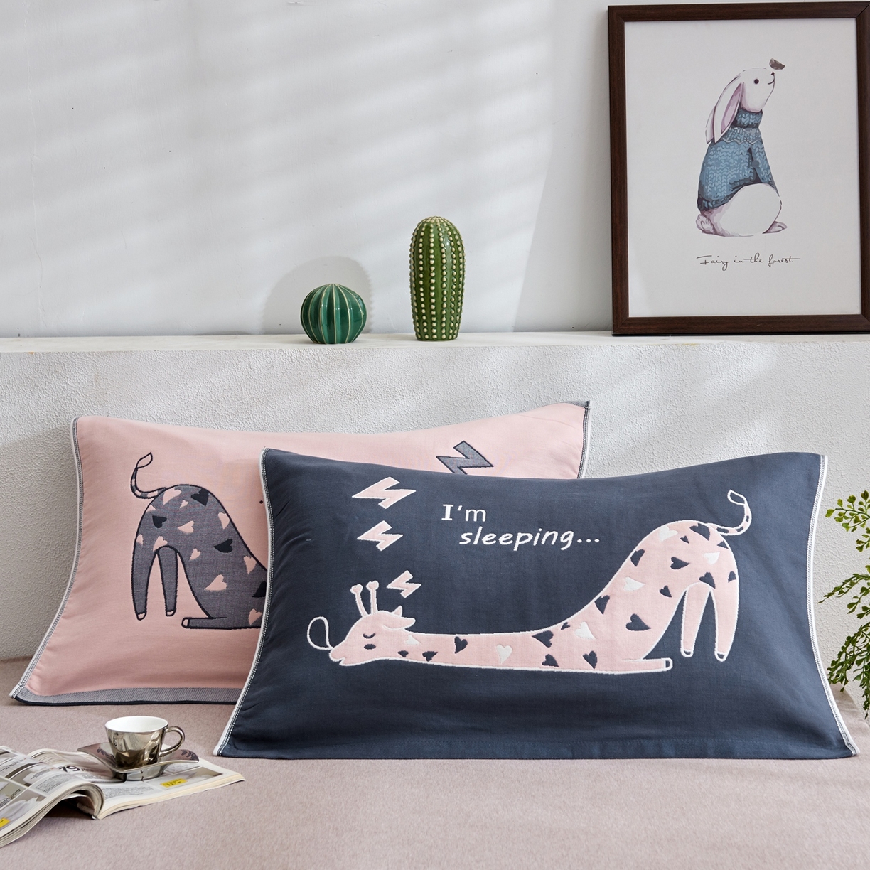 朴尔家纺-毛巾被 2025新款卡通AB组合全棉纯棉层纱布枕巾 懒懒长颈鹿 52x78cm/对