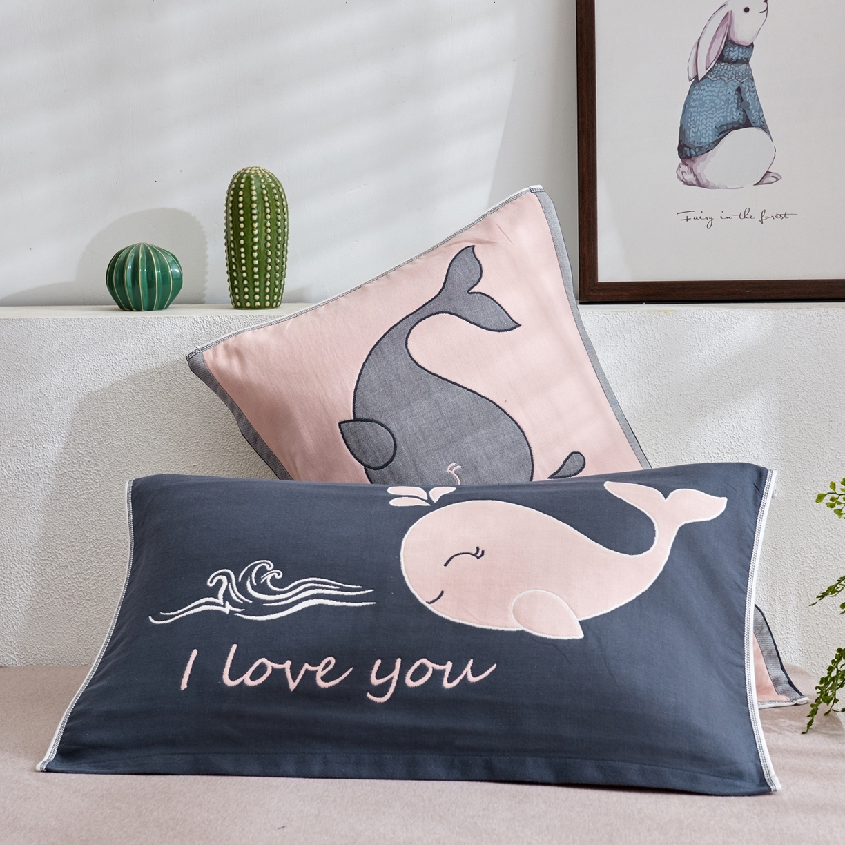 朴尔家纺-毛巾被 2025新款卡通AB组合全棉纯棉层纱布枕巾 小鲸鱼 52x78cm/对