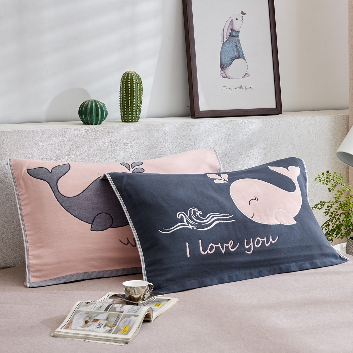 91家纺网 家纺一手货源 找家纺 朴尔家纺-毛巾被 2025新款卡通AB组合全棉纯棉层纱布枕巾 小鲸鱼 52x78cm/对