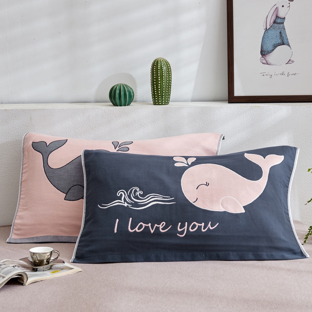 91家纺网 家纺一手货源 找家纺 朴尔家纺-毛巾被 2025新款卡通AB组合全棉纯棉层纱布枕巾 小鲸鱼 52x78cm/对