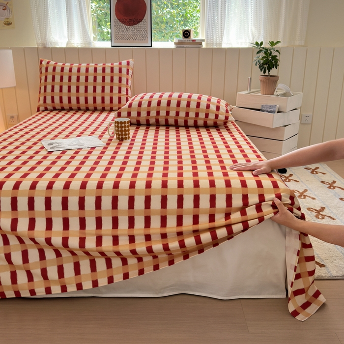 91家纺网 家纺一手货源 找家纺 如意朵 2025新款时尚印花全棉加厚磨毛床单 艾格-红