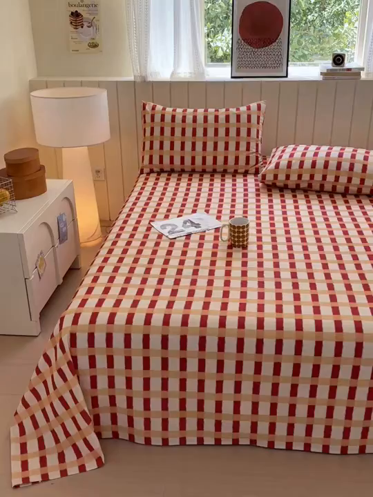 91家纺网 家纺一手货源 找家纺 如意朵 2025新款时尚印花全棉加厚磨毛床单 艾格-红