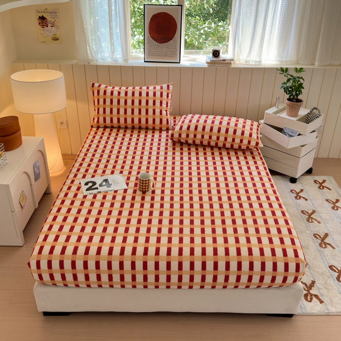 91家纺网 家纺一手货源 找家纺 如意朵 2025新款时尚印花全棉加厚磨毛床笠 艾格-红