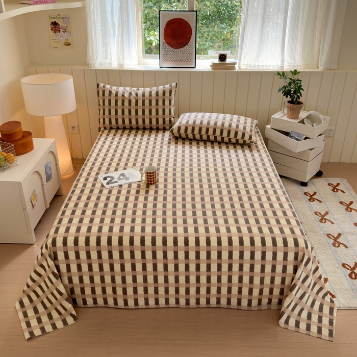 91家纺网 家纺一手货源 找家纺 如意朵 2025新款时尚印花全棉加厚磨毛床单 艾格-浅咖