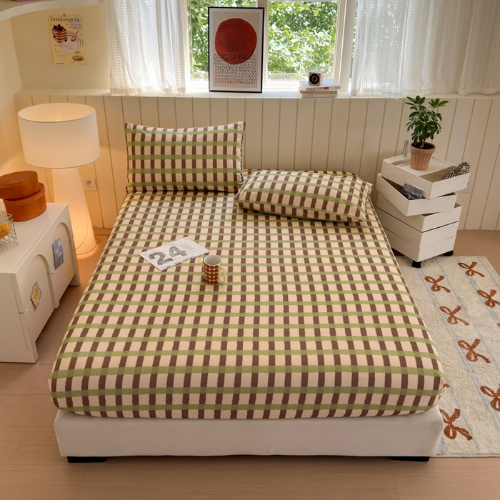 91家纺网 家纺一手货源 找家纺 如意朵 2025新款时尚印花全棉加厚磨毛床笠 艾格-绿