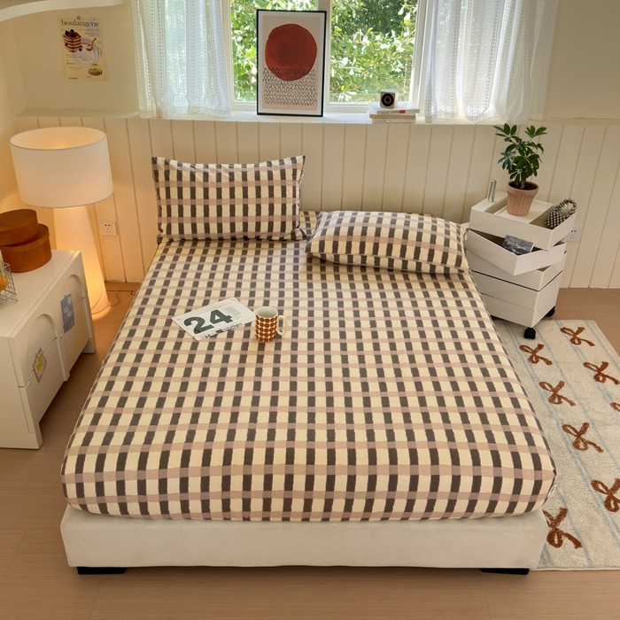 91家纺网 家纺一手货源 找家纺 如意朵 2025新款时尚印花全棉加厚磨毛床笠 艾格-浅咖