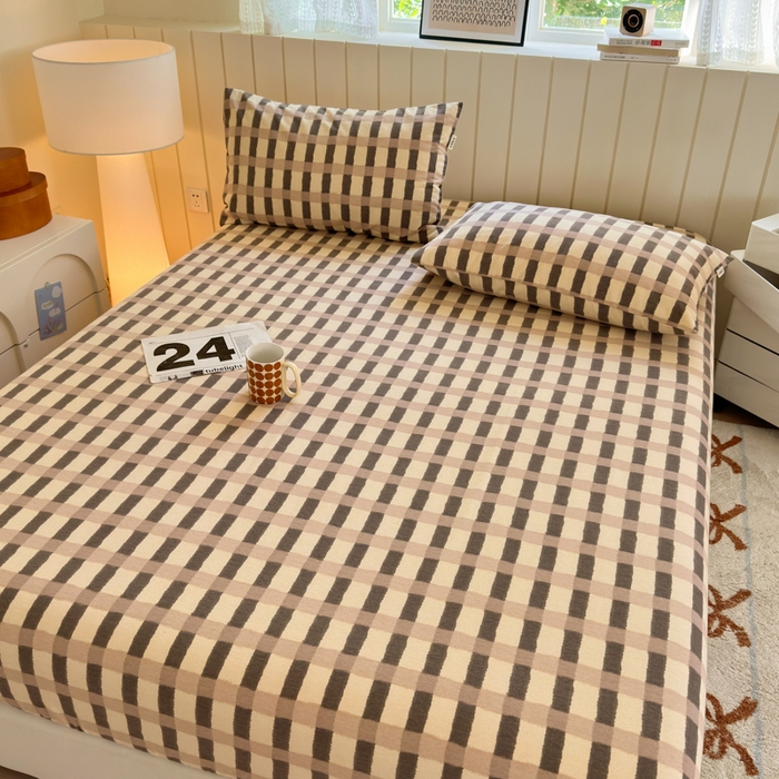 91家纺网 家纺一手货源 找家纺 如意朵 2025新款时尚印花全棉加厚磨毛床笠 艾格-浅咖