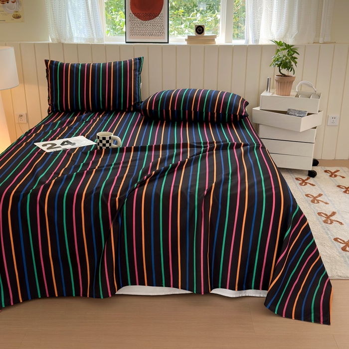 91家纺网 家纺一手货源 找家纺 如意朵 2025新款时尚印花全棉加厚磨毛床单 多彩-黑