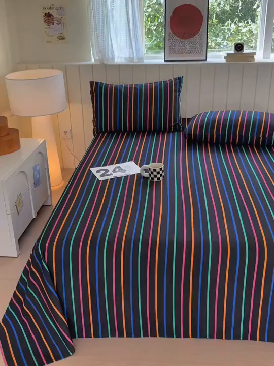 91家纺网 家纺一手货源 找家纺 如意朵 2025新款时尚印花全棉加厚磨毛床单 多彩-黑