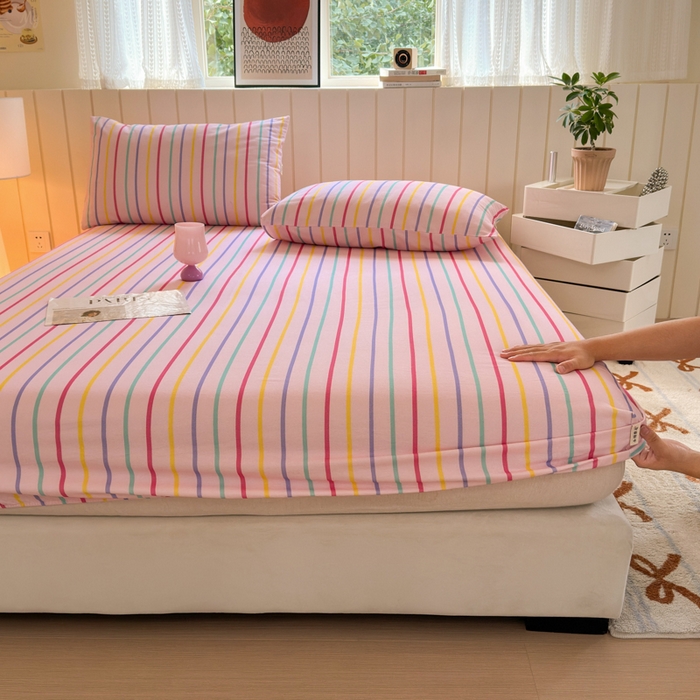 91家纺网 家纺一手货源 找家纺 如意朵 2025新款时尚印花全棉加厚磨毛床笠 多彩-粉