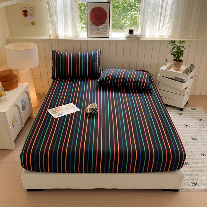 91家纺网 家纺一手货源 找家纺 如意朵 2025新款时尚印花全棉加厚磨毛床笠 多彩-黑