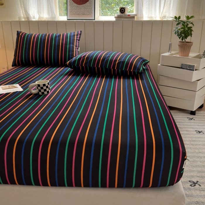 91家纺网 家纺一手货源 找家纺 如意朵 2025新款时尚印花全棉加厚磨毛床笠 多彩-黑