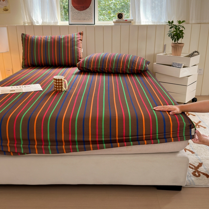 91家纺网 家纺一手货源 找家纺 如意朵 2025新款时尚印花全棉加厚磨毛床笠 多彩-咖