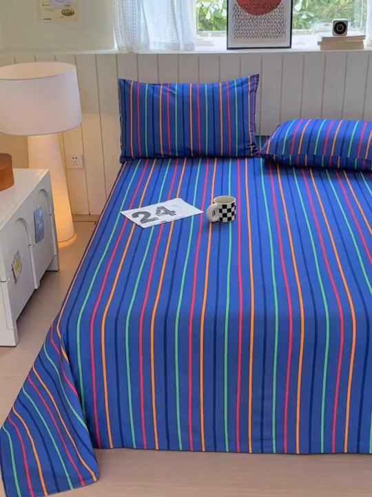 91家纺网 家纺一手货源 找家纺 如意朵 2025新款时尚印花全棉加厚磨毛床单 多彩-蓝