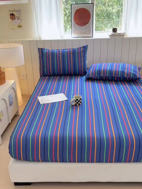 91家纺网 家纺一手货源 找家纺 如意朵 2025新款时尚印花全棉加厚磨毛床笠 多彩-蓝