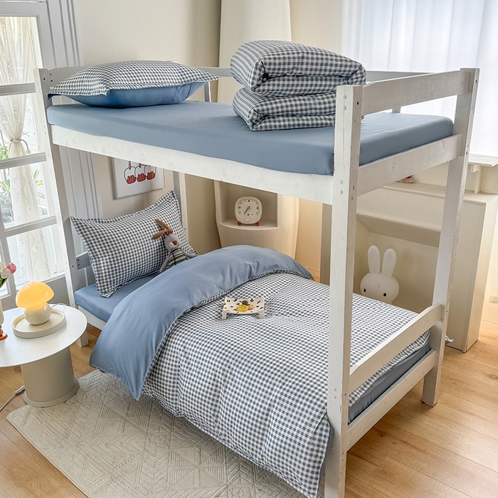 91家纺网 家纺一手货源 找家纺 南通菲度家纺 2025新款高克重芦荟棉四件套-宿舍第三批 小蓝格-雾蓝