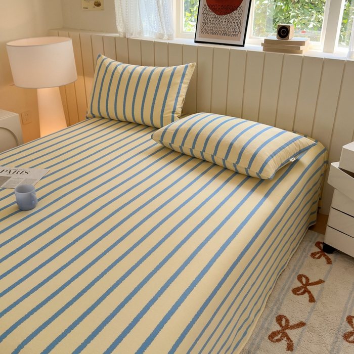 91家纺网 家纺一手货源 找家纺 如意朵 2025新款时尚印花全棉加厚磨毛床单 奶油-蓝