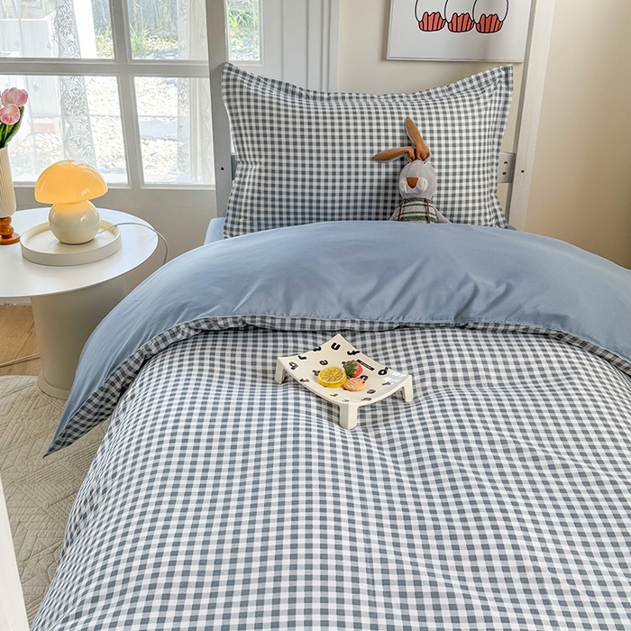 91家纺网 家纺一手货源 找家纺 南通菲度家纺 2025新款高克重芦荟棉四件套-宿舍第三批 小蓝格-雾蓝