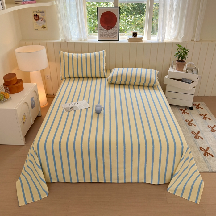 91家纺网 家纺一手货源 找家纺 如意朵 2025新款时尚印花全棉加厚磨毛床单 奶油-蓝