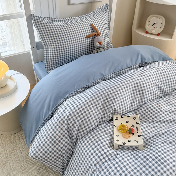 91家纺网 家纺一手货源 找家纺 南通菲度家纺 2025新款高克重芦荟棉四件套-宿舍第三批 小蓝格-雾蓝