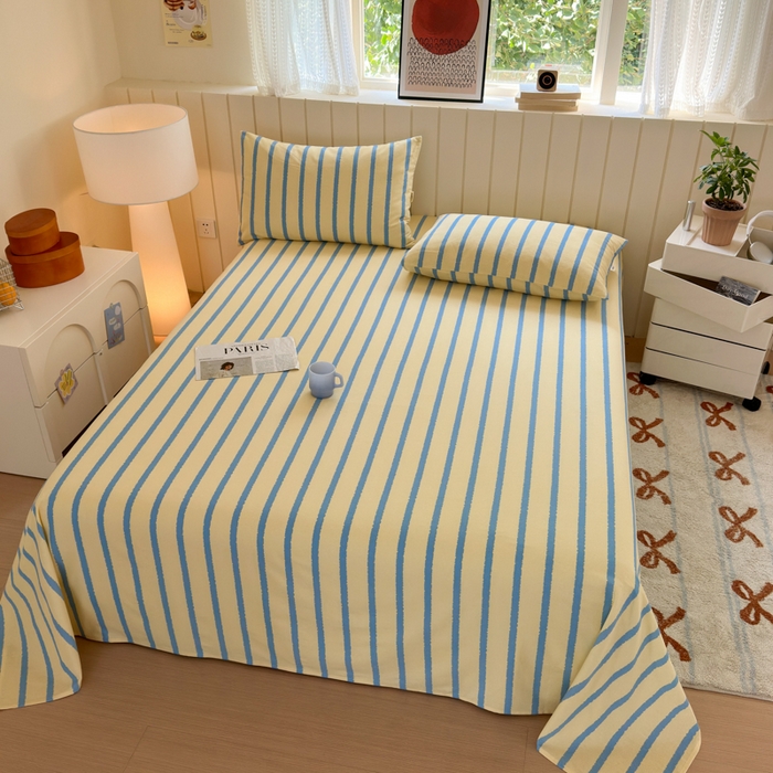 91家纺网 家纺一手货源 找家纺 如意朵 2025新款时尚印花全棉加厚磨毛床单 奶油-蓝