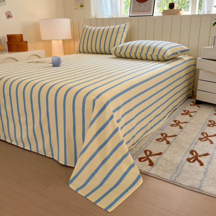 91家纺网 家纺一手货源 找家纺 如意朵 2025新款时尚印花全棉加厚磨毛床单 奶油-蓝