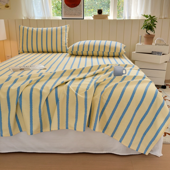 91家纺网 家纺一手货源 找家纺 如意朵 2025新款时尚印花全棉加厚磨毛床单 奶油-蓝