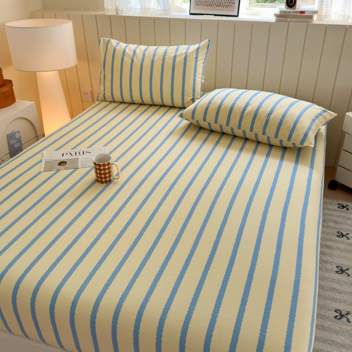 91家纺网 家纺一手货源 找家纺 如意朵 2025新款时尚印花全棉加厚磨毛床笠 奶油-蓝