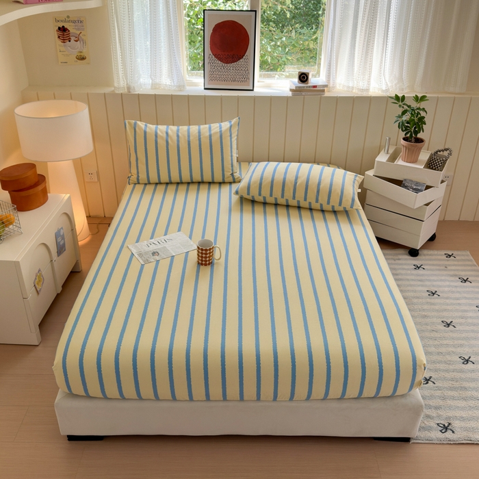 91家纺网 家纺一手货源 找家纺 如意朵 2025新款时尚印花全棉加厚磨毛床笠 奶油-蓝