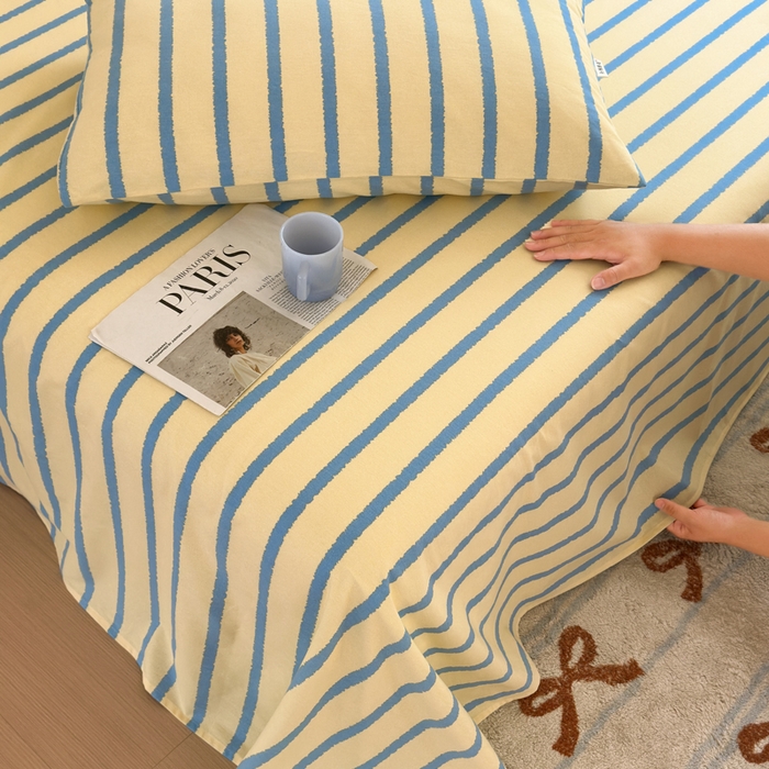 91家纺网 家纺一手货源 找家纺 如意朵 2025新款时尚印花全棉加厚磨毛床单 奶油-蓝