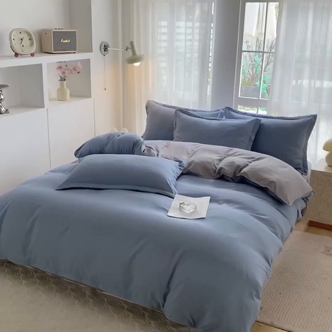 91家纺网 家纺一手货源 找家纺 南通菲度家纺 2025新款高克重芦荟棉四件套第二批 雾蓝+银灰