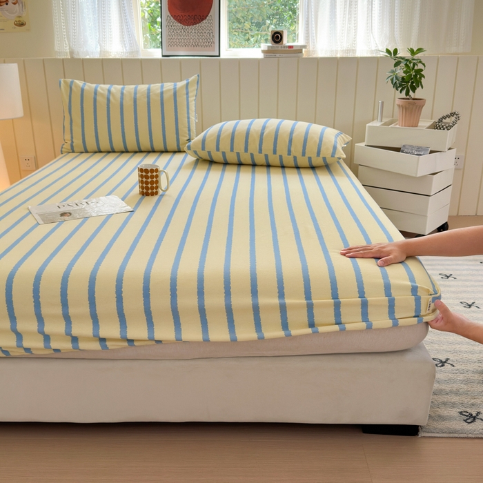 91家纺网 家纺一手货源 找家纺 如意朵 2025新款时尚印花全棉加厚磨毛床笠 奶油-蓝