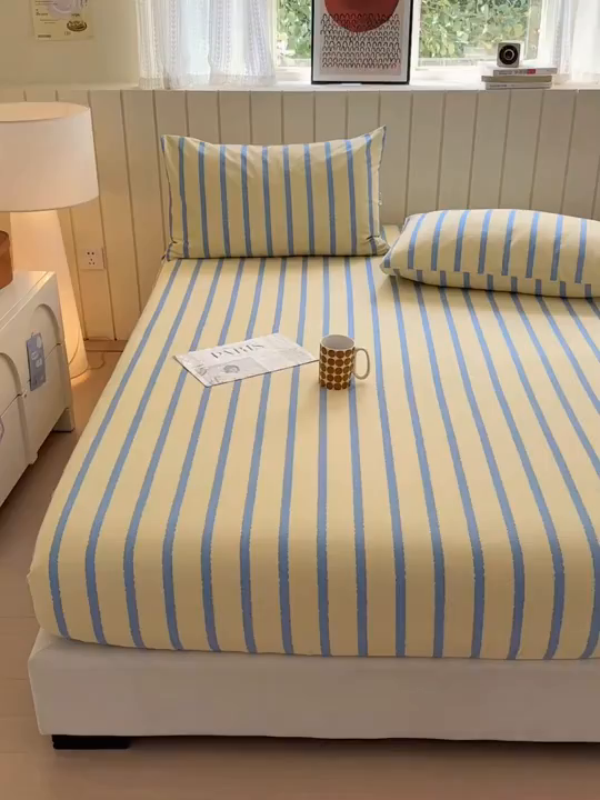 91家纺网 家纺一手货源 找家纺 如意朵 2025新款时尚印花全棉加厚磨毛床笠 奶油-蓝