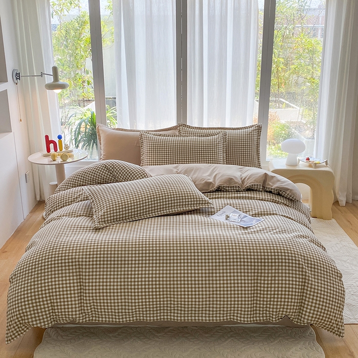 91家纺网 家纺一手货源 找家纺 南通菲度家纺 2025新款高克重芦荟棉四件套-大床第三批 小咖格-卡其