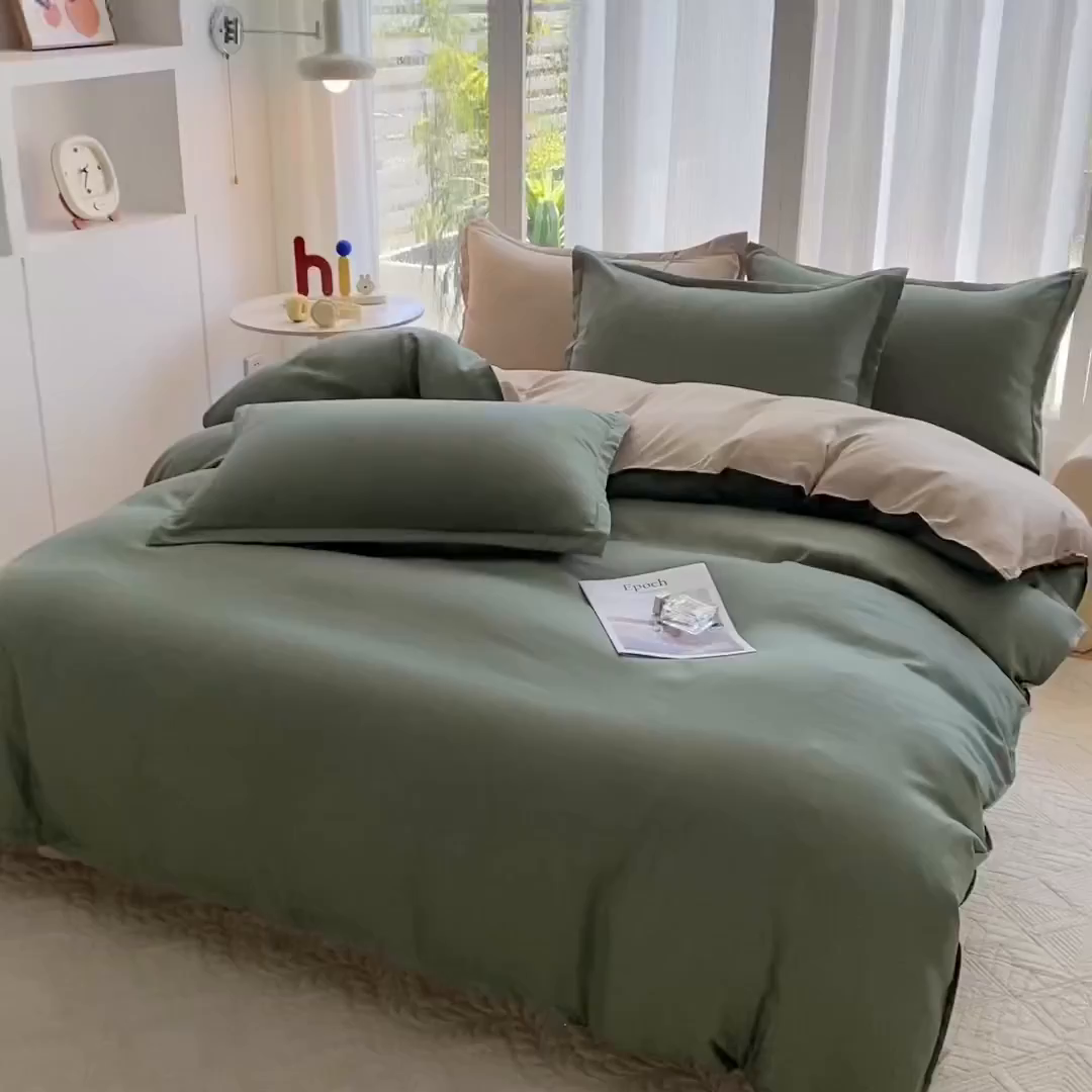 91家纺网 家纺一手货源 找家纺 南通菲度家纺 2025新款高克重芦荟棉四件套-大床第三批 墨绿-卡其