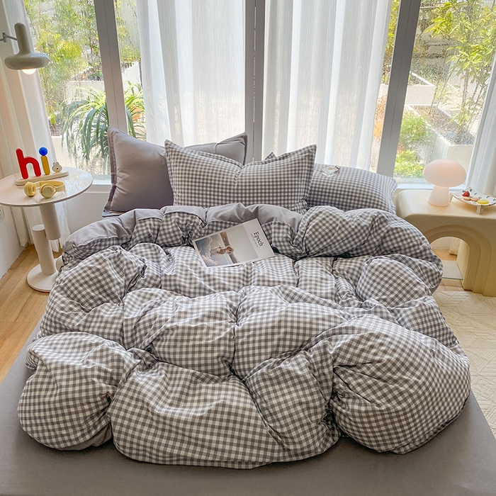 91家纺网 家纺一手货源 找家纺 南通菲度家纺 2025新款高克重芦荟棉四件套-大床第三批 小灰格-银灰