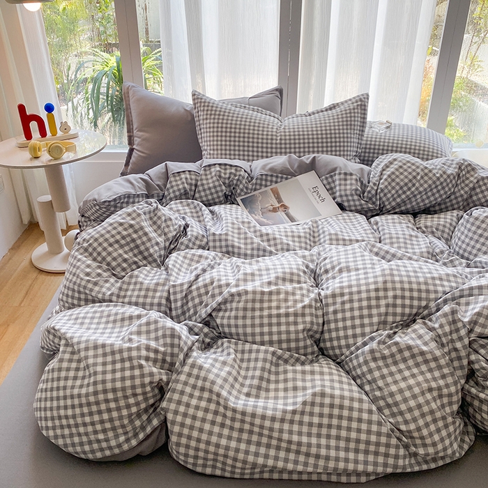 91家纺网 家纺一手货源 找家纺 南通菲度家纺 2025新款高克重芦荟棉四件套-大床第三批 小灰格-银灰