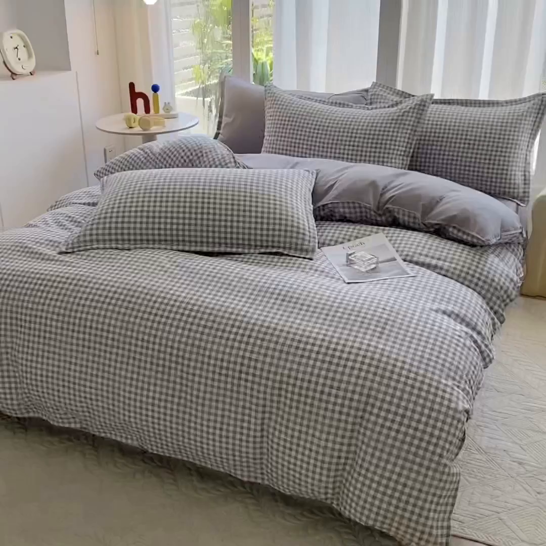 91家纺网 家纺一手货源 找家纺 南通菲度家纺 2025新款高克重芦荟棉四件套-大床第三批 小灰格-银灰