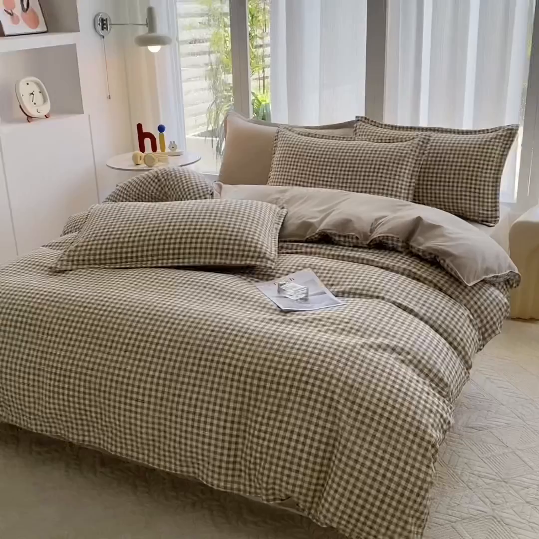 91家纺网 家纺一手货源 找家纺 南通菲度家纺 2025新款高克重芦荟棉四件套-大床第三批 小咖格-卡其