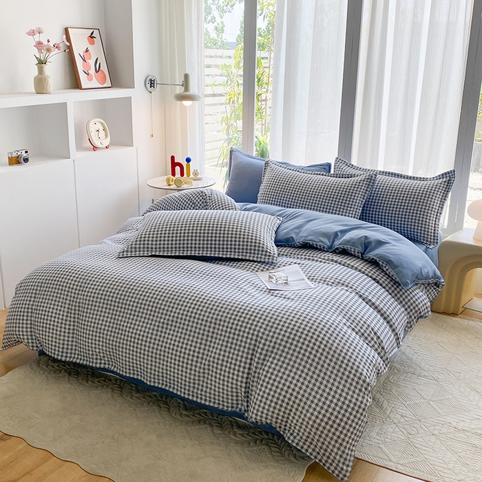 91家纺网 家纺一手货源 找家纺 南通菲度家纺 2025新款高克重芦荟棉四件套-大床第三批 小蓝格-雾蓝