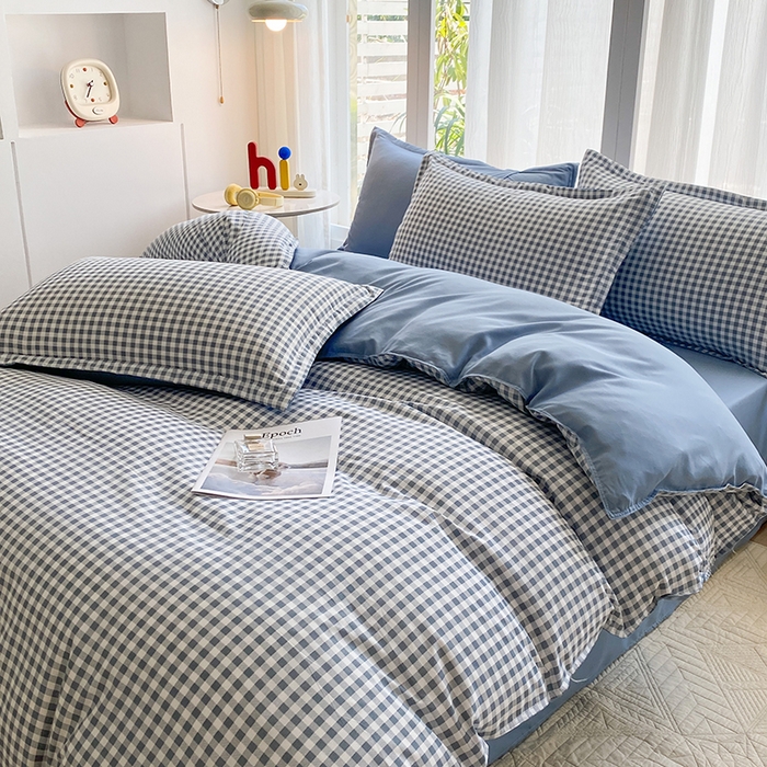 91家纺网 家纺一手货源 找家纺 南通菲度家纺 2025新款高克重芦荟棉四件套-大床第三批 小蓝格-雾蓝