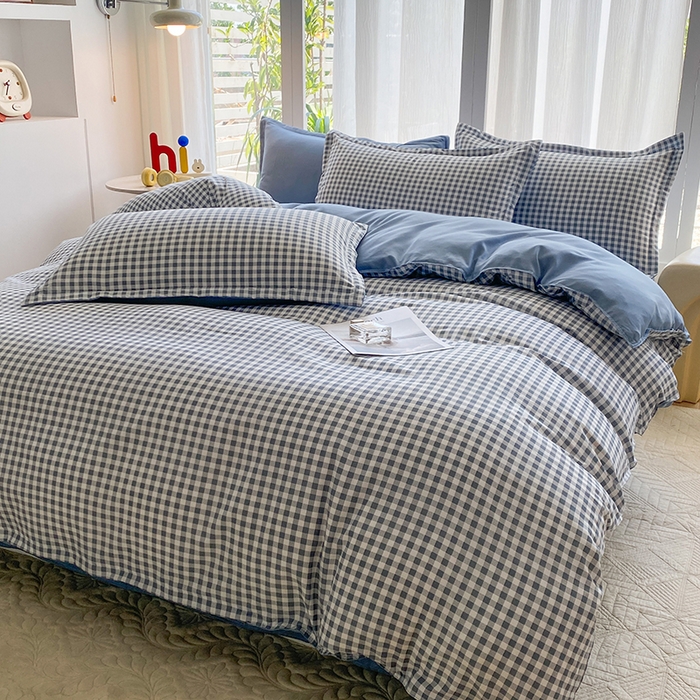 91家纺网 家纺一手货源 找家纺 南通菲度家纺 2025新款高克重芦荟棉四件套-大床第三批 小蓝格-雾蓝