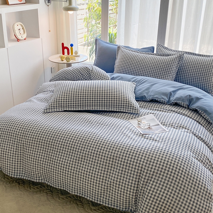 91家纺网 家纺一手货源 找家纺 南通菲度家纺 2025新款高克重芦荟棉四件套-大床第三批 小蓝格-雾蓝