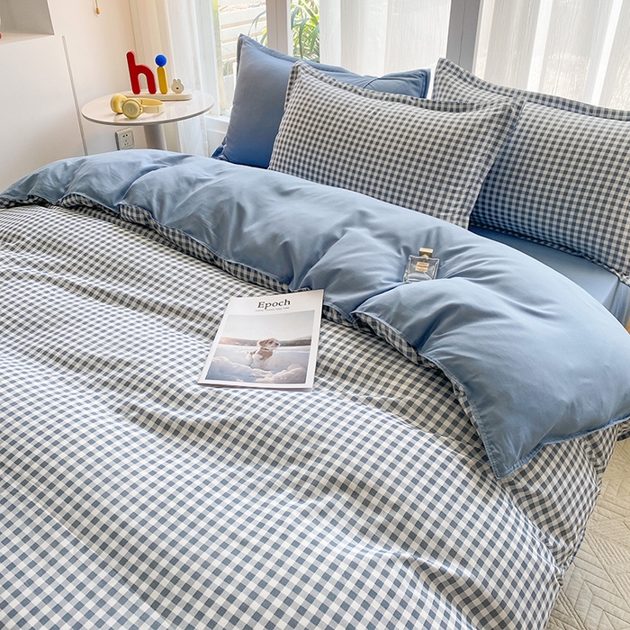 91家纺网 家纺一手货源 找家纺 南通菲度家纺 2025新款高克重芦荟棉四件套-大床第三批 小蓝格-雾蓝