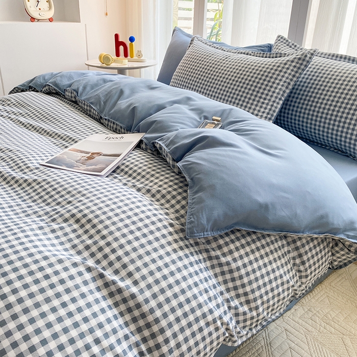 91家纺网 家纺一手货源 找家纺 南通菲度家纺 2025新款高克重芦荟棉四件套-大床第三批 小蓝格-雾蓝